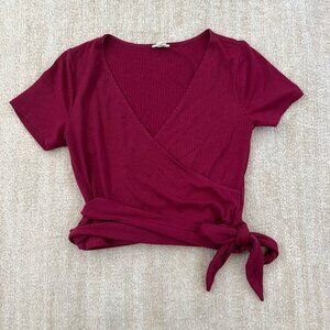 Garage V Neck Ribbed Short Sleeve Faux Wrap Crop Top S